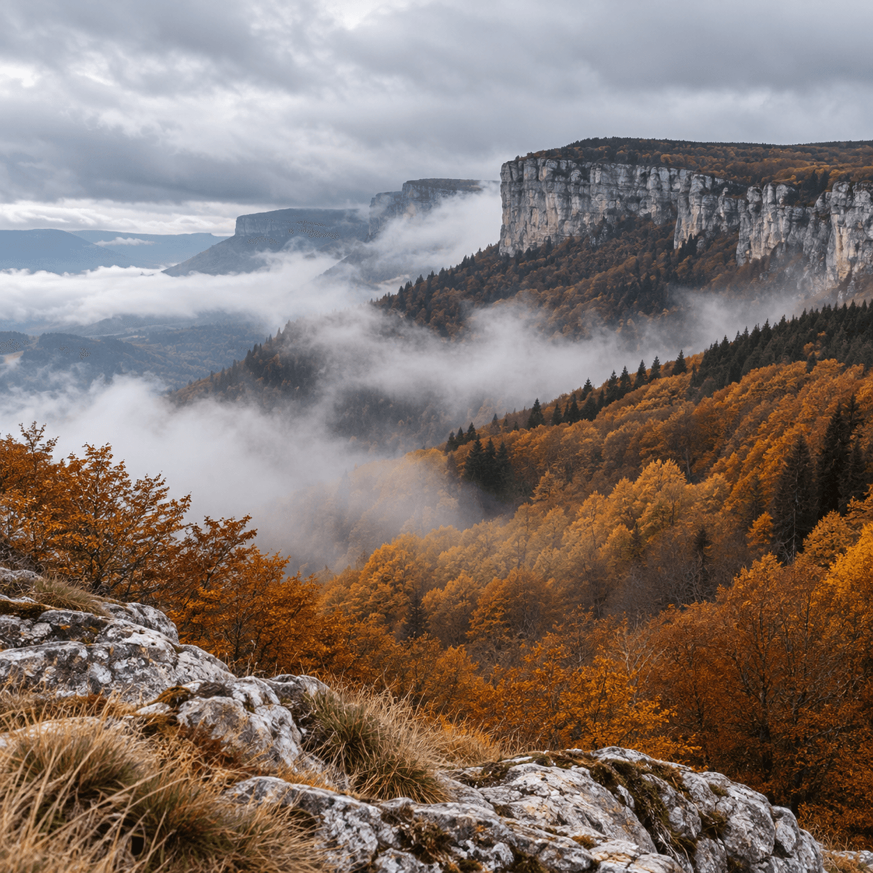 plein cadre · vercors en automne · calcaire, nuage bas, hêtres · large, froid, sans personne